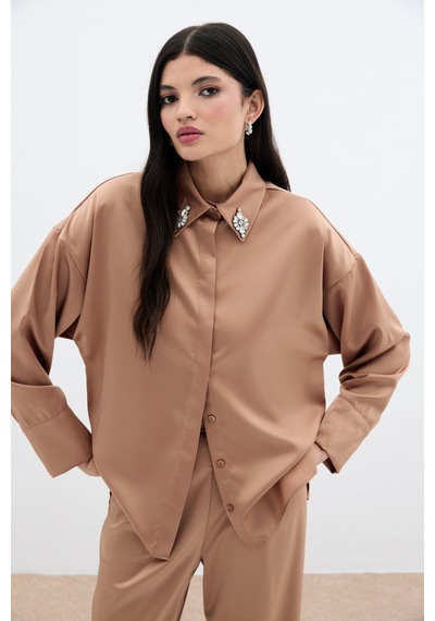 Sateen Aksesuar Detaylı Gömlek - Camel-135989 CAMEL