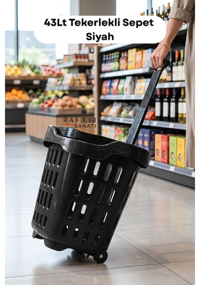 43 Lt Tekerlekli Market Sepeti Plastik Alışveriş Sepeti Ergonomik Çift Saplı Siyah
