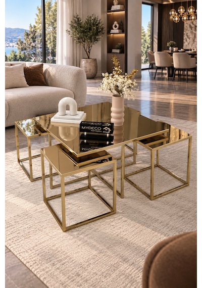 Berlin 5 Parça Gold Zigon Sehpa Takımı Orta Sehpa Yan Sehpa Bronz Aynalı Kurulu Hediye 75x75