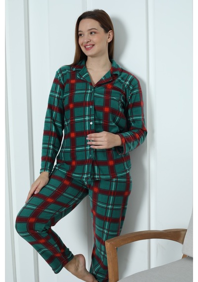 Wordex Fawn 3957 Boydan Düğmeli Polar Kışlık Kadın Pijama Takımı Yeşil