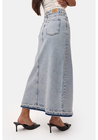 Itsbasic Kadın Snow Kot Rengi Derin Yırtmaçlı Yüksek Bel Uzun Denim Etek