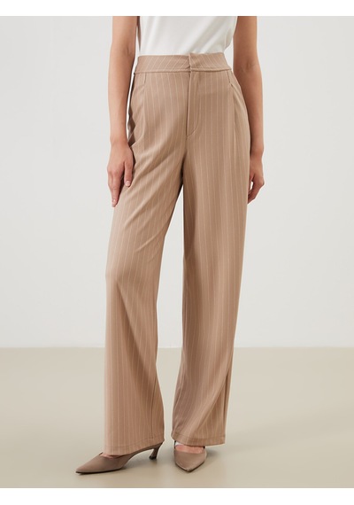 Lcw Modest Bej Loose Fit Çizgili Kadın Pileli Pantolon