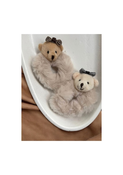 Peluş Ayıcıklı 2li Simit Saç Lastiği - Teddy Bear Puffy Buckle Aksesuarlı Lastik Toka Bej
