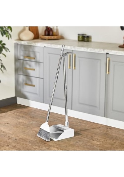 Deconox Corner Taraklı Ve Saplı Faraş Süpürge Seti - Katlanabilir Dik Faraş Takımı - Paslanmaz Çelik Saplı Ergonomik Temizlik Seti Beyaz - Antrasit