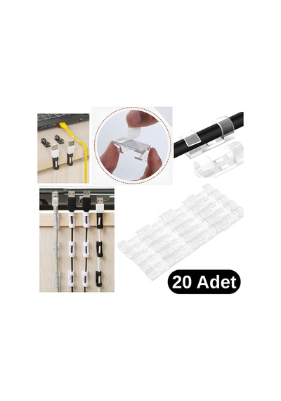 Şeffaf Yapışkanlı Kablo Düzenleyici Klips, 20 Adet, 30 11 7 Mm Genel