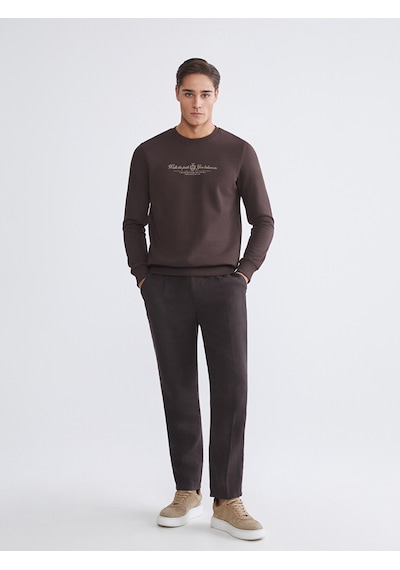 Lcwaıkıkı Classic Kahverengi Standart Kalıp Bisiklet Yaka Baskılı Erkek Kalın Sweatshirt