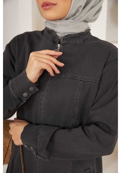6579-denim Fermuarlı Ferace Koyu Gri Koyu Gri