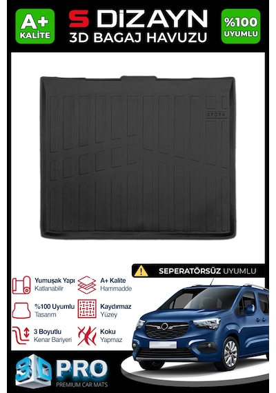 S-dizayn Opel Combo E Seperatörsüz 3d Pro Bagaj Havuzu 2019 Üzeri A+ Kalite