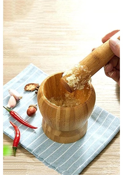 Biodata 12cm Bambu Ahşap Sarımsak Ezeceği Havan Tokmaklı Bambu Havan