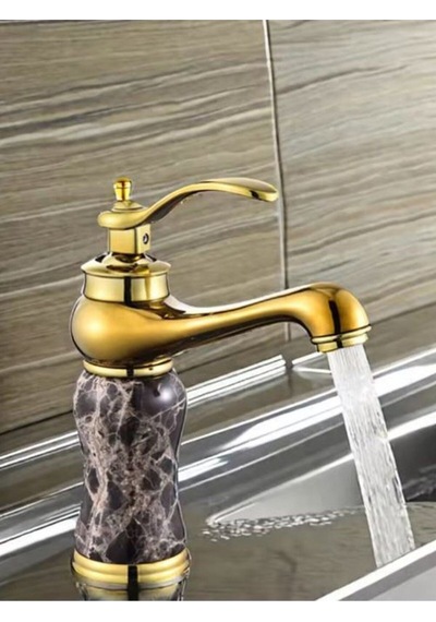 Fleko Lavabo Bataryası Antik Gold Gerçek Mermer Desenli Taş Gövdeli 20 Cm Yükseklik Banyo Lavabo Bataryası Gold
