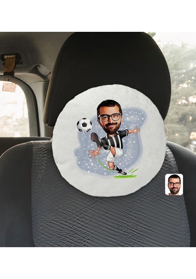 Bk Gift Kişiye Özel Erkek Siyah Beyaz Futbolcu Karikatürlü Yuvarlak Araç Koltuk Yastığı-1