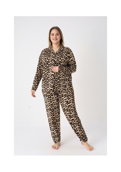 Estiva Kadın Kaplan Desenli Kahverengi Önden Düğmeli Soft Battal Pijama Takımı Çok renkli
