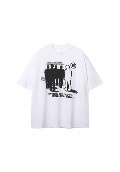 Flood Of Style Beyaz Lonely Baskılı Bisiklet Yaka Oversize Erkek Tişört