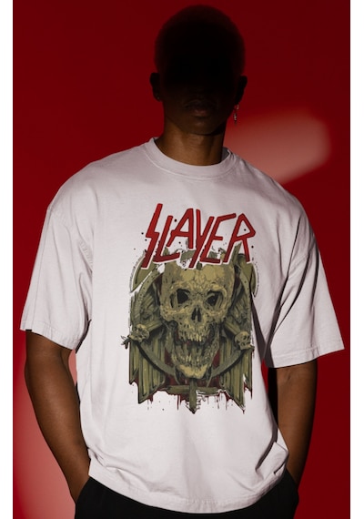 Slayer Rock Metal Müzik Grubu Ön Baskılı Unisex Oversize Tişört Beyaz