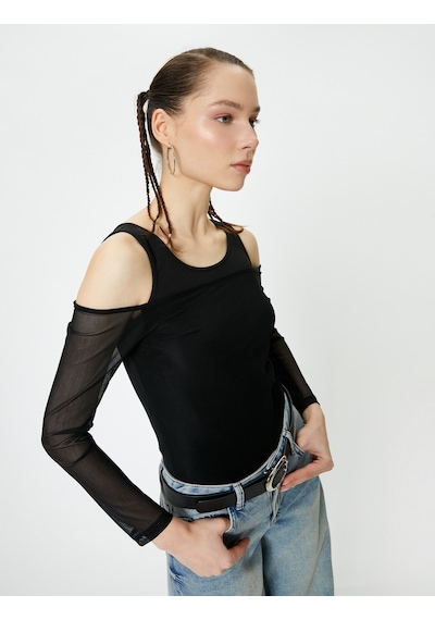 Koton Çift Kumaş Kullanımlı Tül Tişört Uzun Kollu Slim Fit Siyah 4sal10568ık Siyah