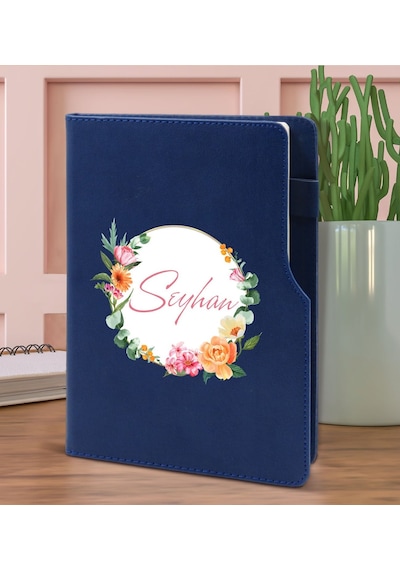 Bk Gift Kişiye Özel Çiçek Tasarımlı Lacivert Termo Deri Not Defteri 15x21cm-10