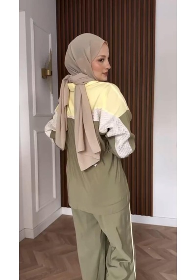 Yussewear Yw Kadın Tasarım Model Oversize İkili Takım Bej - Yeşil