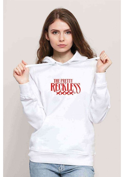 The Pretty Reckless Baskılı Beyaz Kadın Kapşonlu Sweatshirt