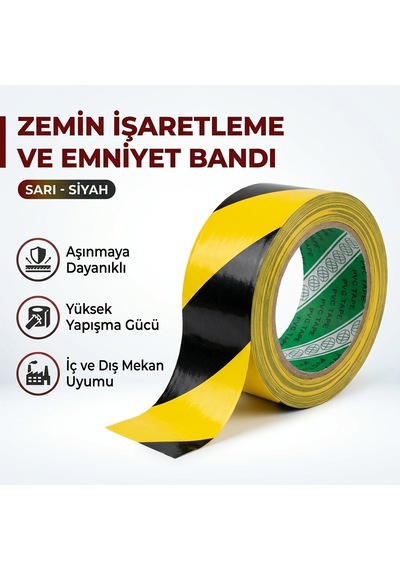 Mat Sarı Siyah Çizgili Zemin İkaz İş Güvenliği Yer İşaretleme Çizgi Bandı 50mm X 30m