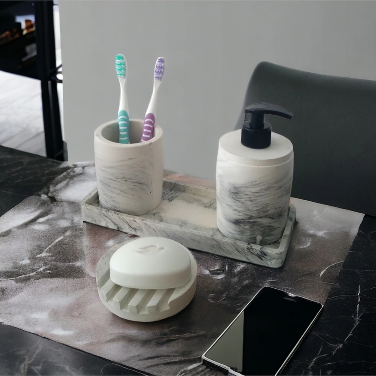 Marble 4'lü Banyo Seti ,sıvı Sabunluk Diş Fırçalığı Beton Aksesuar Takım Gri