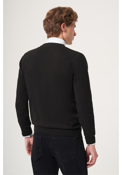 İmza Siyah V Yaka Uzun Kol Örme Comfort Fit Pamuklu Hırka Triko 1012265016