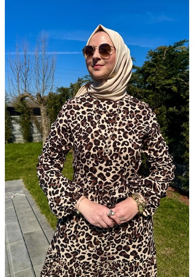 Rabia Şamlı Leopar Desenli Elbise Kahve Normal