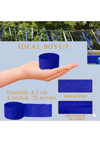Lacivert Şerit Krapon Kağıdı Rulosu, Çiçek Yapım, El İşi Süsleme Kağıdı, 6 Adet, 4.5 Cm X 22 Metre