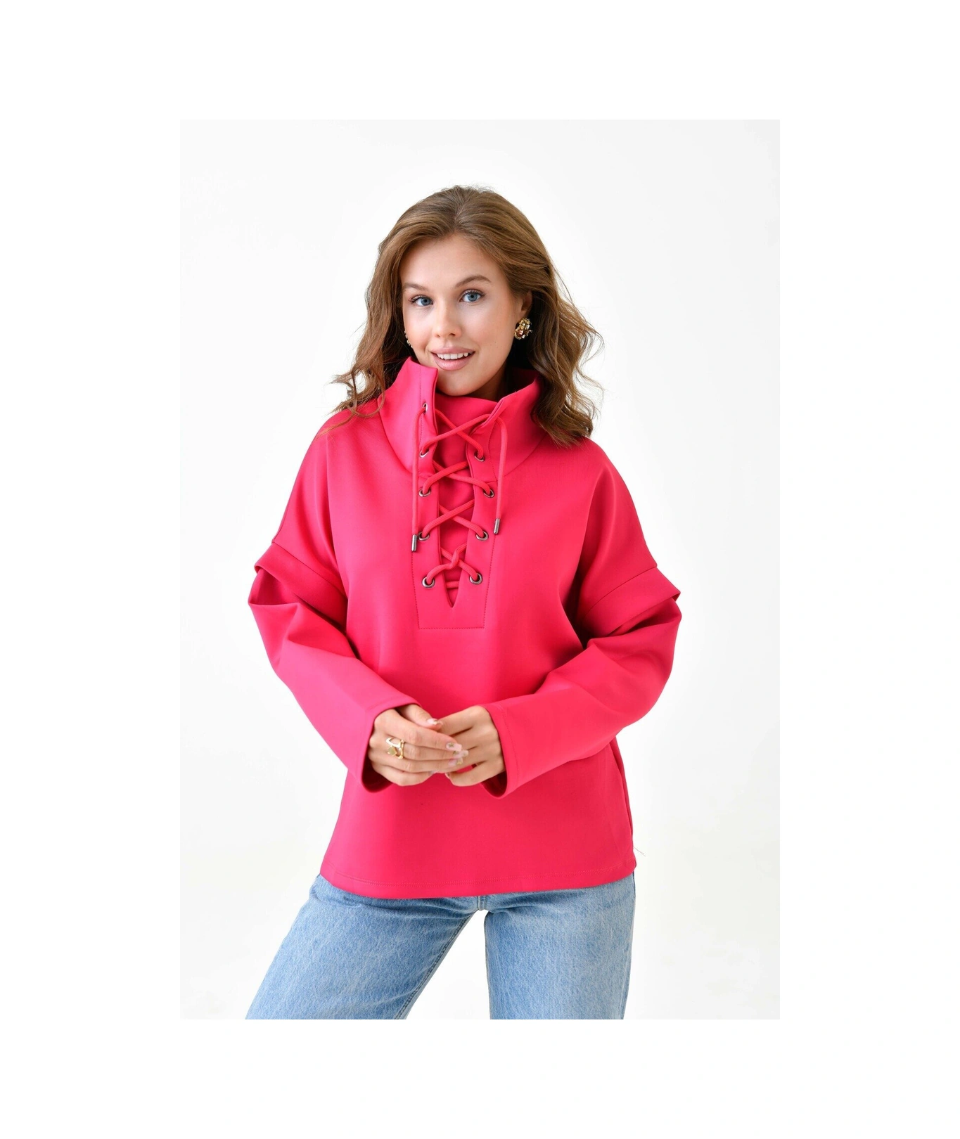 Kadın Yakası Bağcıklı Scuba Oversize Spor Şık Tasarım Sweatshirt Fuşya
