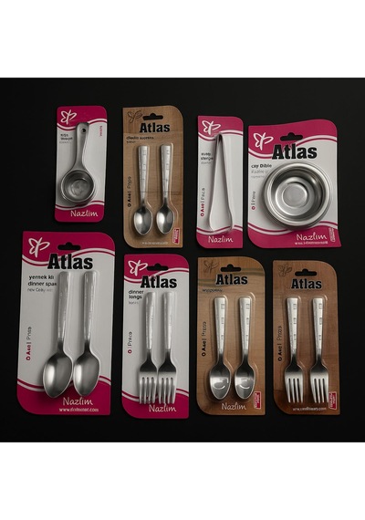 Atlas 8'li Paslanmaz Mutfak Takımı 6 Lı Çatal Kaşık Seti + Aksesuarlar Yerli Üretim Metal