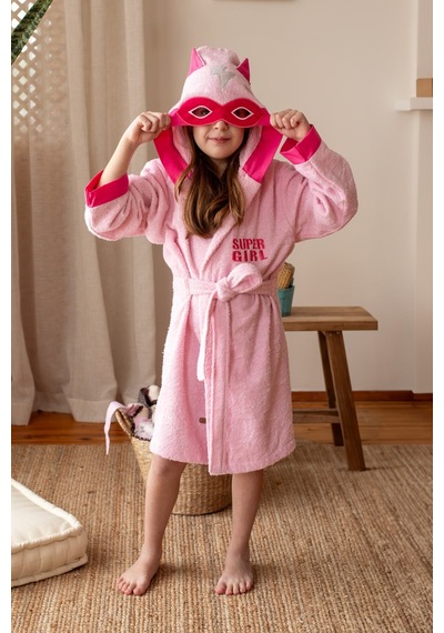 Formeya Kapşonlu Çocuk Bornoz %100 Pamuk Su Emici Pembe Hero Pembe