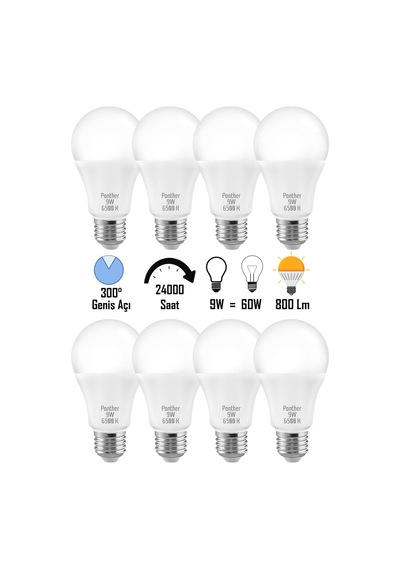 8 Adet 9w Beyaz Led E27 Ampul Tasarruflu Lamba 6500 K Beyaz Işık 800 Lümen 9w 60w