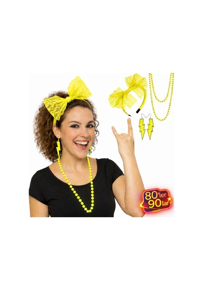 80 Ler 90 Lar Neon Sarı Parti Seti Kolye Küpe Taç - Mg-874158