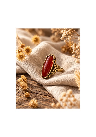 Esoo Jewelry Vintage Tasarım Bordo Doğal Taşlı Ayarlanabilir Kadın Yüzük - Antik Gold Görünümlü