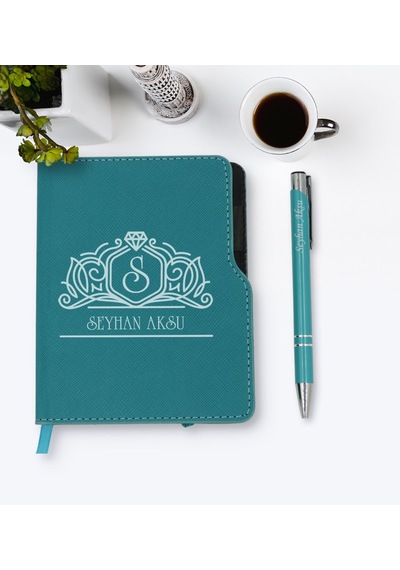 Kişiye Özel Isimli Turkuaz Termo Deri Defter Kalem Seti-13