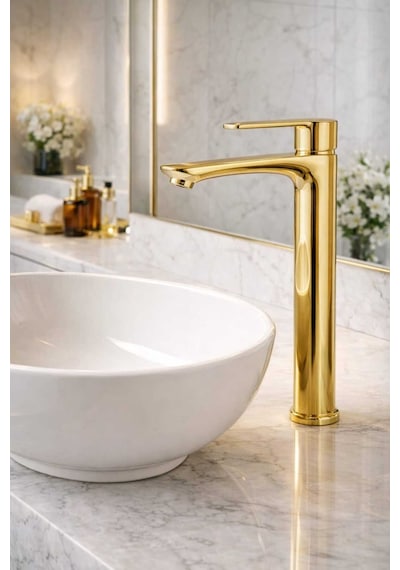 Viosa Gold Altın Renk Kaplamalı Çanak Lavabo Bataryası Yüksek Banyo Lavabo Bataryası Siyah