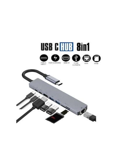 Type-c Hub Dönüştürücü Çevirici Çoklayıcı Usb Hdmı Micro Sd 8 Girişli