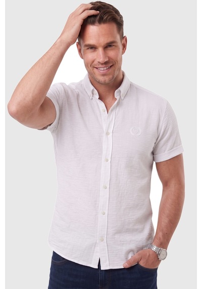 Rizzup Erkek Slim Fit Likralı Jakar Dokulu Beyaz Kısa Kol Gömlek Esnek Nakış Armalı 2604356