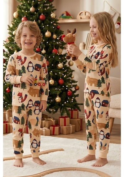 Bunny Hopp %100 Pamuk Interlok Kız Ve Erkek Çocuk Yılbaşı Pijaması Ekru Kış Ormanı Temalı Pijama Takımı Bunny Hopp %100 Pamuk Interlok Kız Ve Erkek Çocuk Yılbaşı Pijaması Ekru Kış Ormanı Temalı Pijama Takımı
