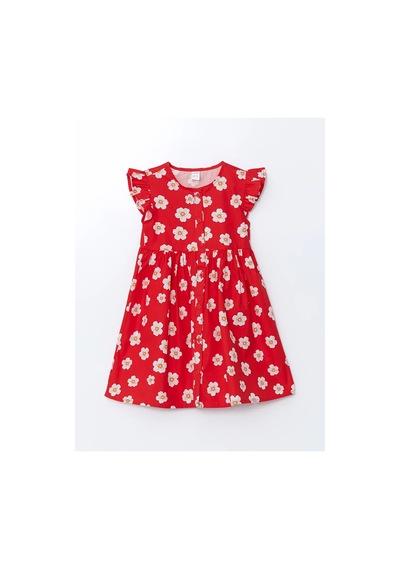 Lcw Kids Bisiklet Yaka Kız Çocuk Poplin Elbise Kırmızı Baskılı