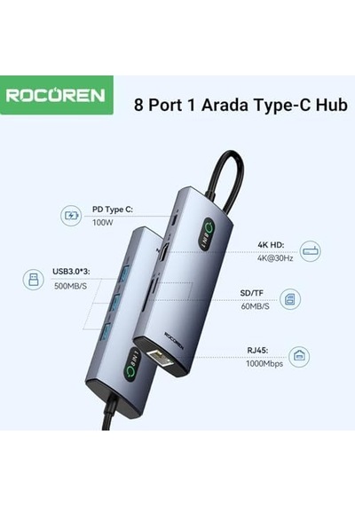 8 Portlu 4k 30hz Gigabit Ethernet Sd Tf Kart Okuyuculu 3 Usb3.0 Pd 100w Destekli Hub Çoklayıcı