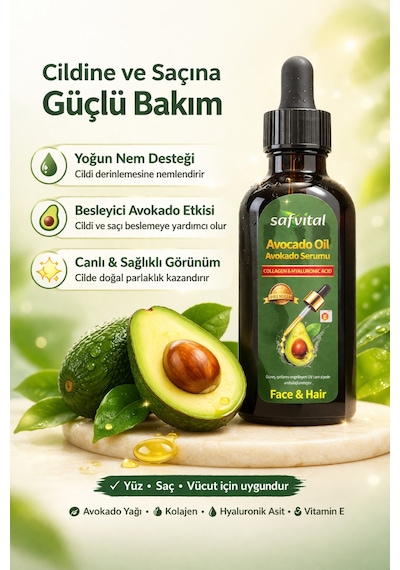 Safvital Avokado Yağı Serumu 100 Ml Kolajen Hyaluronik Asit Nemlendirici Cilt Ve Saç Bakım Yağı