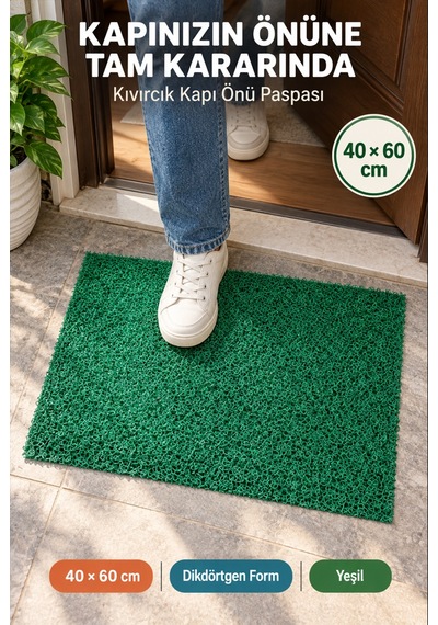 Yeşil Düz Kıvırcık Kapı Önü Paspası 40x60 Cm Kaymaz Taban Dış Kapı Giriş Paspası Pvc