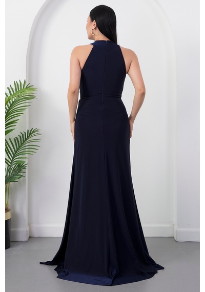 Kalopya Halter Yaka Drapeli Tokalı Abiye Elbise Ecr5862 Lacivert