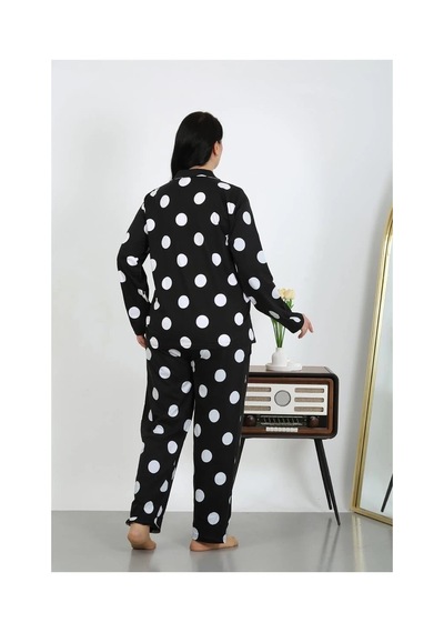 Najmaddin.com Beru Kadın Büyük Beden Pamuklu Cepli Düğmeli Siyah Pijama Takım