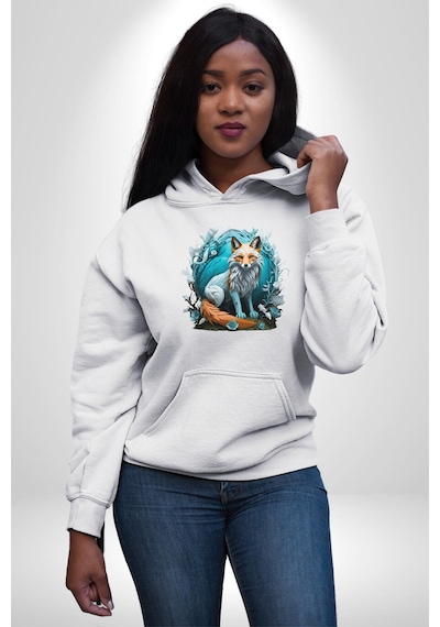 Beyaz Kurt Altın Maske Doğa Kadın Erkek Beyaz Kapüşonlu Sweatshirt Hoodie Beyaz