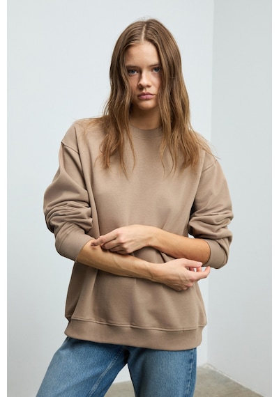 Grımelange KARIUS Kadın Organik Pamuklu İçi Polarlı Oversize Yuvarlak Yakalı Açık Kahverengi Sweatshirt