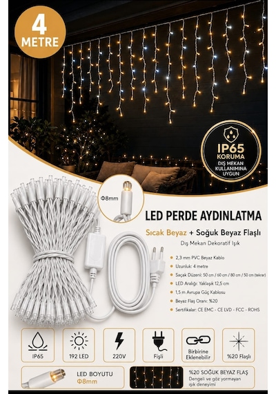 4 Metre 192 Led Profesyonel Perde Led Işık Dış Mekan Kalın Kablolu Beyaz Flaşlı Kafe Restoran Bahçe Teras Aydınlatma Sarı