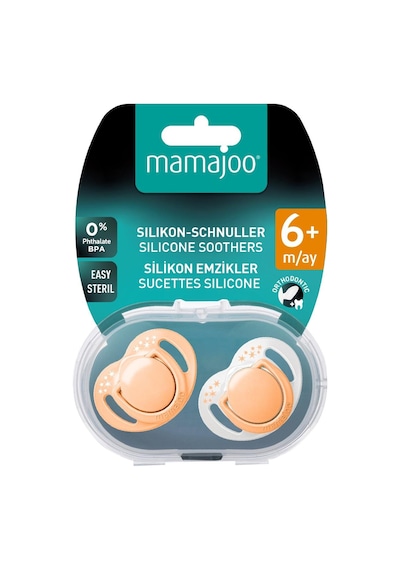 Mamajoo Ortodontik Emzik Seti 6 Ay+ Powder Blush | İkili, Silikon, Damaklı | Sterilizasyon & Saklama Kabı