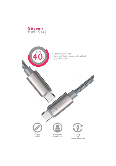 60w Pd Type-c To Type-c Örgülü Hızlı Şarj Ve Data Kablosu 1 Metre Mt2119