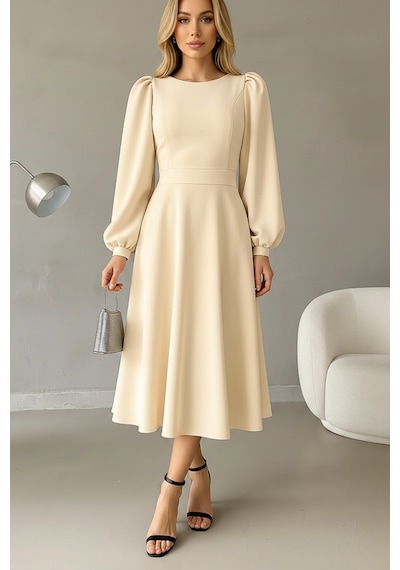 Defymoda Kadın Gün Boyu Rahat Midi Elbise Bej